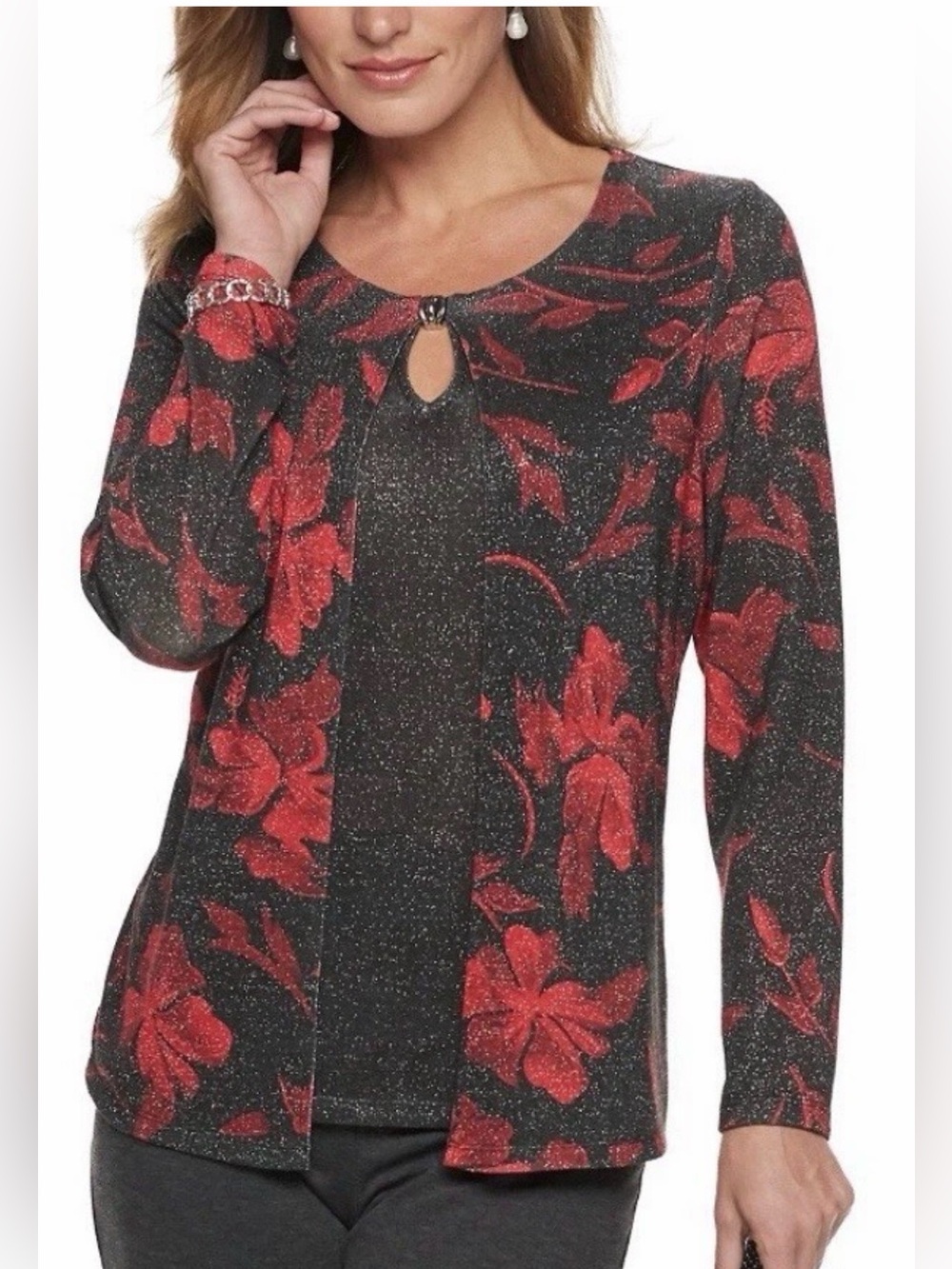 Women's Small Cathy Daniels Floral Lurex Mock-Layer Top NEW stretch party